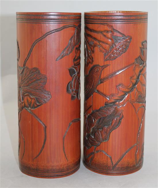 A pair of Chinese bamboo brush pots, 24cm
